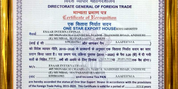 One star export house certificate of recognition